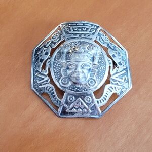 Vintage‎ Mexican 950 Sterling Silver Aztec Mayan Deity Octagon Brooch Pin RBTA